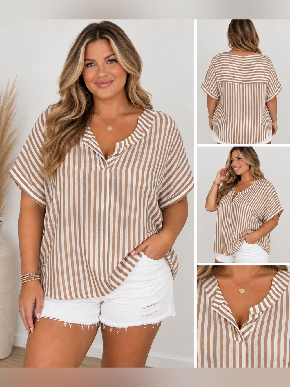 Amana Women's Striped linen blend V-Neck Short Sleeve Blouse Top size 3X
